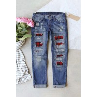 Buffalo Plaid Patches Distressed Straight Jeans