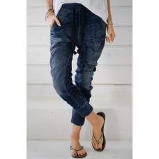 Dark Blue Drawstring Elastic Waist Jogger Jeans