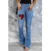 Plaid Hearts Print Ripped Button Front Flare Jeans