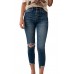 Blue Button Fly High Waist Ripped Skinny Fit Ankle Jeans