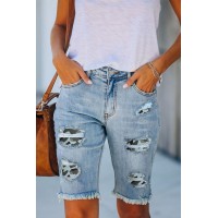Mid-rise Ripped Camo Patches Denim Bermuda Shorts