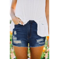 Blue Ripped Denim Shorts with Pockets