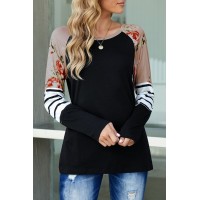 Black Striped Floral Long Sleeve Top