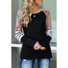 Black Striped Floral Long Sleeve Top