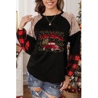 Plaid Sequin Splicing Christmas Leopard Graphic Print Top