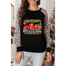 Christmas Leopard Letter Graphic Print Long Sleeve Shirt