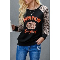 Halloween Leopard Pumpkin Print Long Sleeve Crew Neck Top