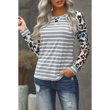Gray Ombre Leopard Print Stripe Splice Long Sleeve Top