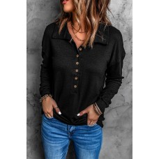 Black Button Front Turn-down Neck Knit Top